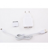 Chargeur secteur double USB Enjoy 1A blanc avec c&acirc;ble Micro USB & adaptateur iPhone