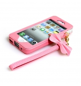Etui en similicuir rose avec bracelet portatif noeud pour iPhone 5